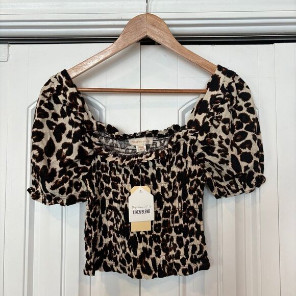 Monteau Tan Animal Print Smocked Crop Top Size Medium‎ - Picture 1 of 6